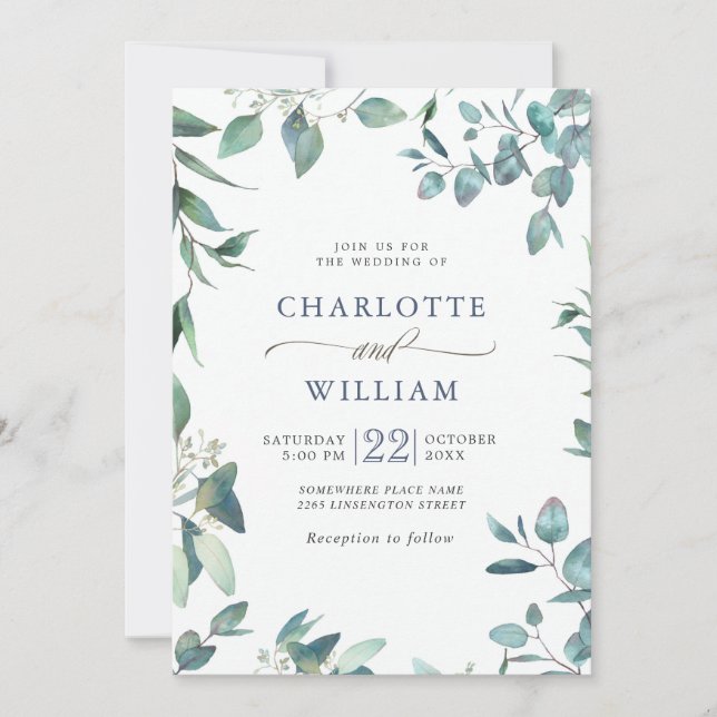 Elegant Watercolor Eucalyptus Greenery Bröllop Inbjudningar (Framsida)