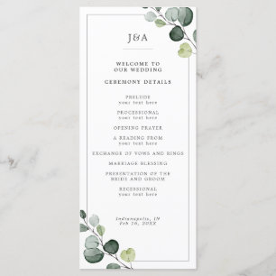 Elegant Watercolor Eucalyptus Greenery Bröllop Program