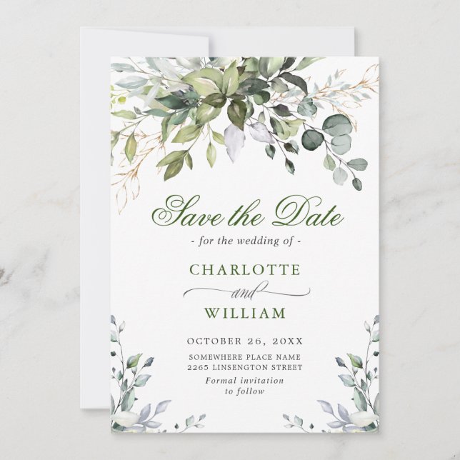 Elegant Watercolor Eucalyptus Greenery Bröllop Spara Datumet (Framsida)