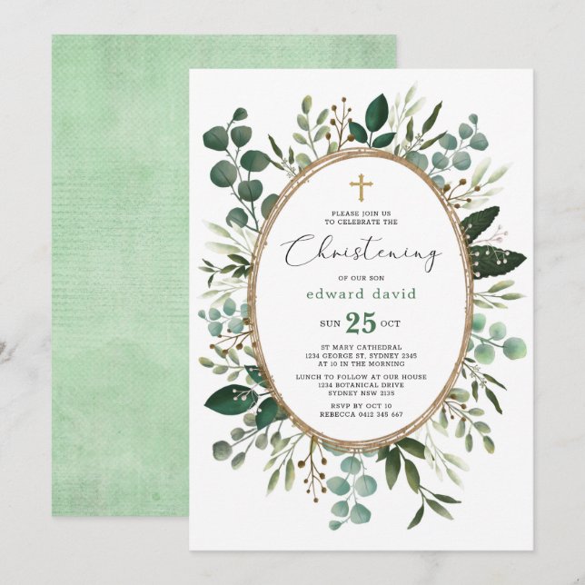 Elegant Watercolor Eucalyptus Greenery Christening Inbjudningar (Fram/baksida)