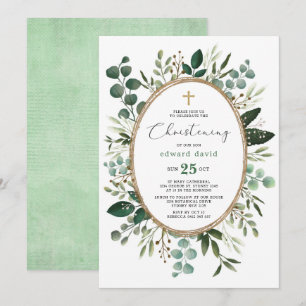 Elegant Watercolor Eucalyptus Greenery Christening Inbjudningar