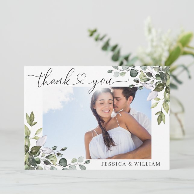 Elegant Watercolor Eucalyptus Greenery PHOTO Tack Kort (Stående Fram)