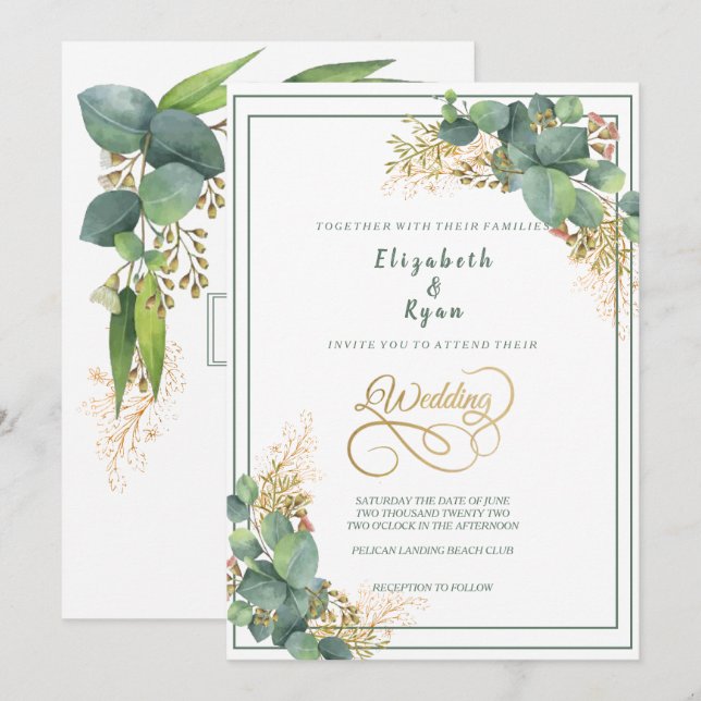 Elegant Watercolor Eucalyptus Plants Guld Filigree Inbjudningar (Fram/baksida)