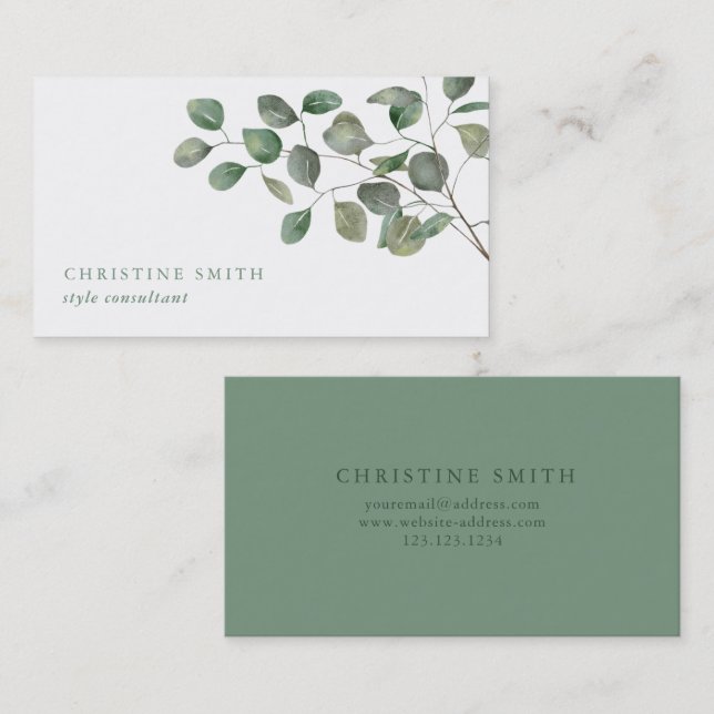 Elegant Watercolor Eucalyptus Simple Greenery Visitkort (Fram/baksida)