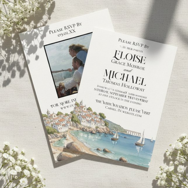 Elegant Watercolor European Destination Wedding Inbjudningar (Invite guest to your scenic wedding day with this Elegant Watercolor European Destination Invite!)