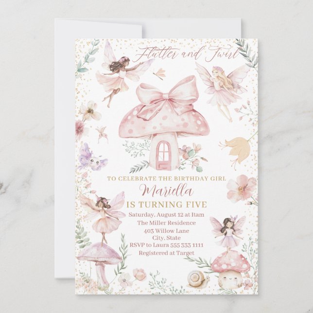 Elegant Watercolor Fairy blir fem dagar Inbjudningar (Framsida)