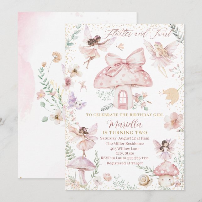 Elegant Watercolor Fairy blir två födelsedagar Inbjudningar (Fram/baksida)