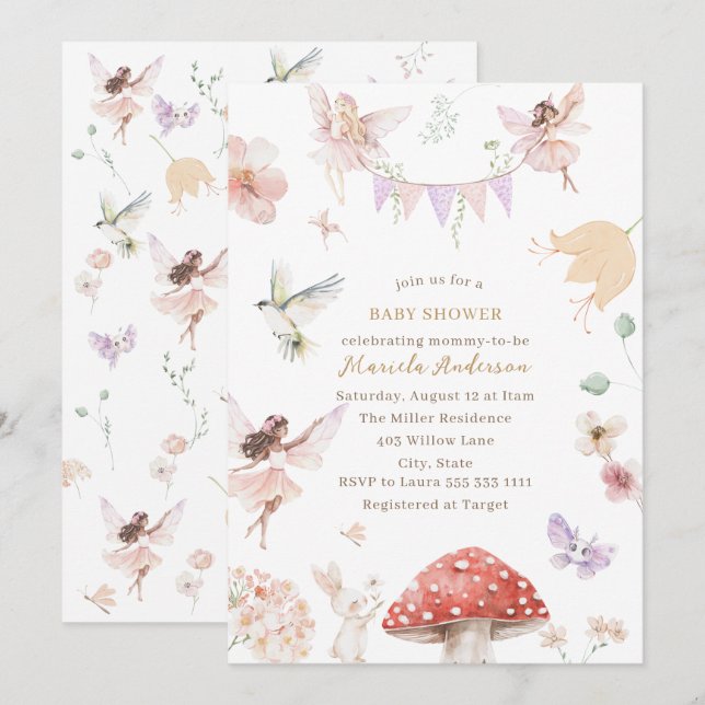 Elegant Watercolor Fairy Wildblomma Garden Baby Inbjudningar (Fram/baksida)