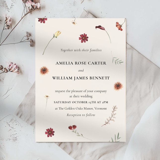 Elegant Watercolor Fall Autumn Wildblomma Bröllop Inbjudningar (Elegant Watercolor Fall Autumn Wildflower Wedding Invitation)