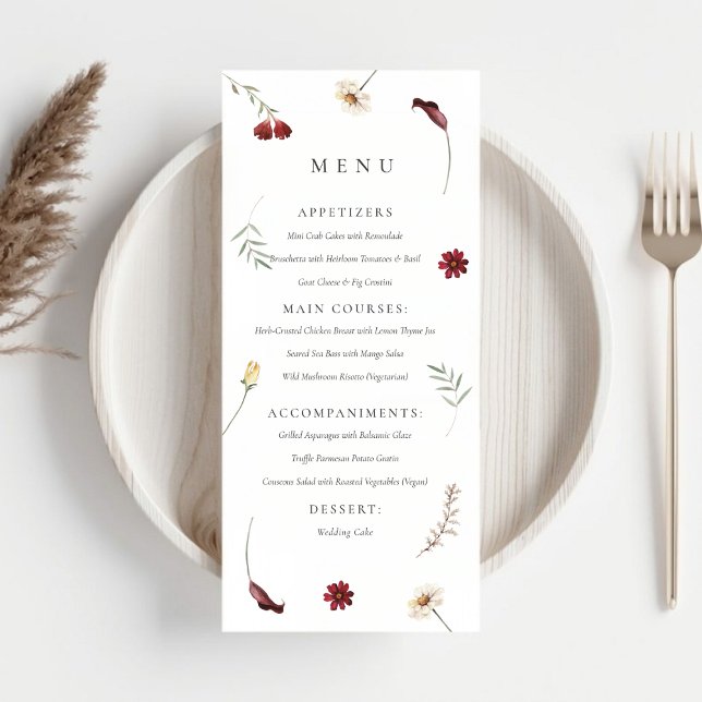 Elegant Watercolor Fall Autumn Wildblomma Bröllop Meny (Elegant Watercolor Fall Autumn Wildflower Wedding Menu)
