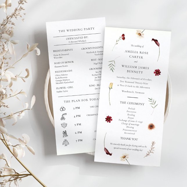 Elegant Watercolor Fall Autumn Wildblomma Bröllop Program (Elegant Watercolor Fall Autumn Wildflower Wedding Program)