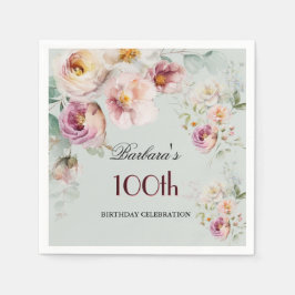 Elegant Watercolor Floral 100th Birthday Party  Pappersservett