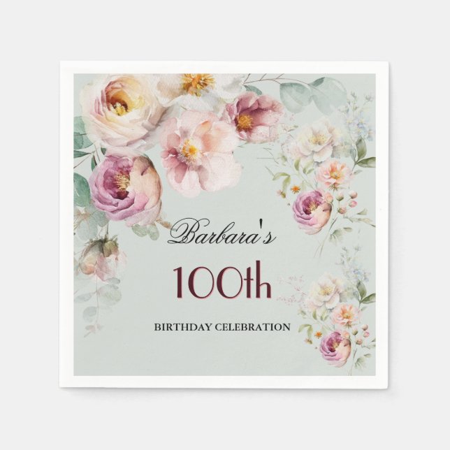 Elegant Watercolor Floral 100th Birthday Party  Pappersservett (Framsidan)