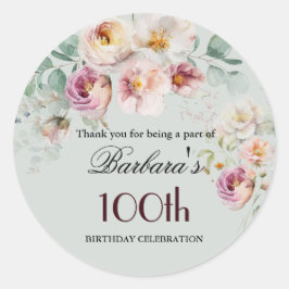 Elegant Watercolor Floral 100th Birthday Welcome Runt Klistermärke