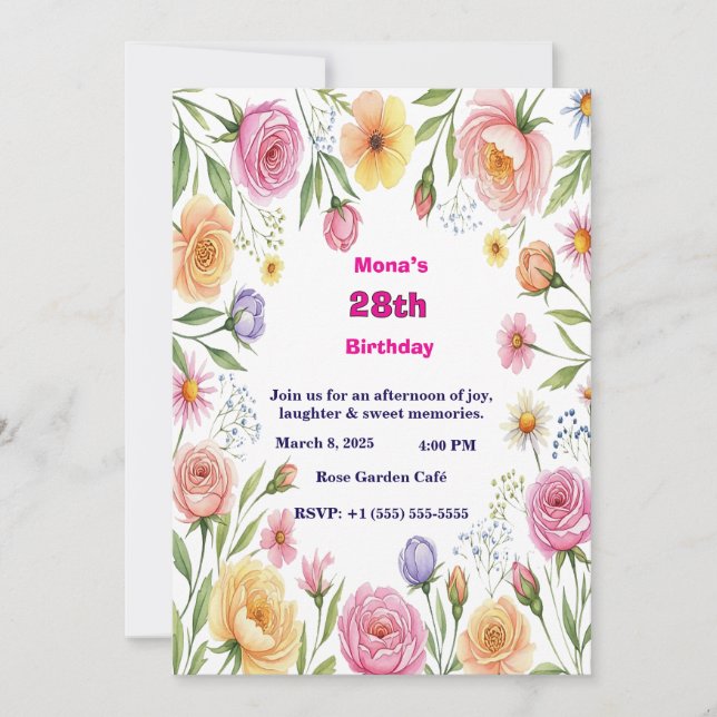 Elegant Watercolor Floral 28th Adult Birthday Invi Inbjudningar (Framsida)