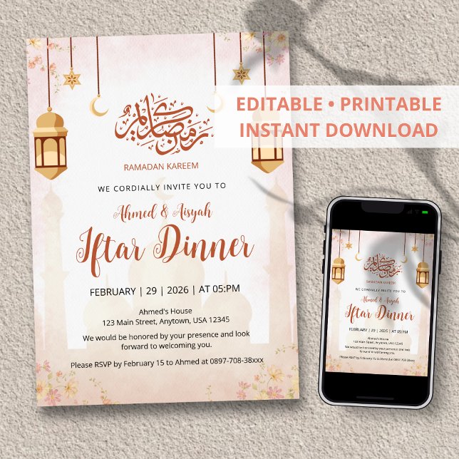 Elegant Watercolor Floral Iftar Invitation Inbjudningar (Skapare uppladdad)