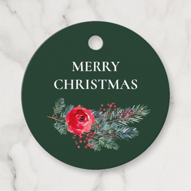 Elegant Watercolor Floral Merry Christmas Gåvor Etiketter (Framsida)