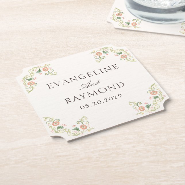 Elegant Watercolor Floral Rococo Wedding  Underlägg Papper (Vinklad)