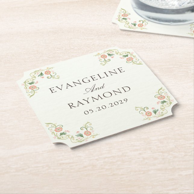 Elegant Watercolor Floral Rococo Wedding  Underlägg Papper (Vinklad)