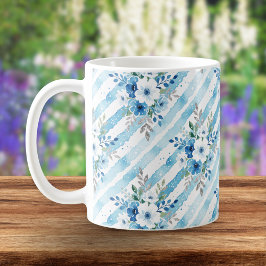 Elegant Watercolor Floral Stripe Blue Cottagecore Kaffemugg