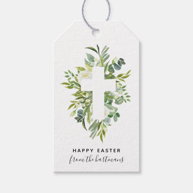 Elegant Watercolor Florals och Cross Easter Presentetikett (Framsidan)