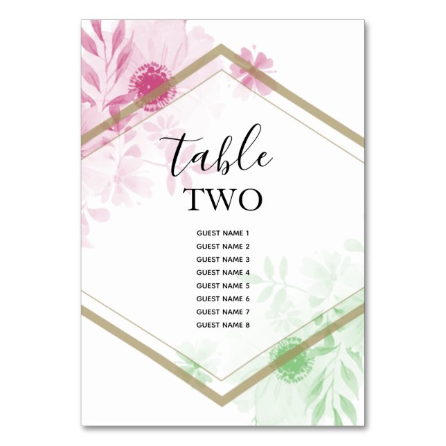 Elegant Watercolor Flowers Bröllop Guest Namn Bordsnummer (Framsidan)