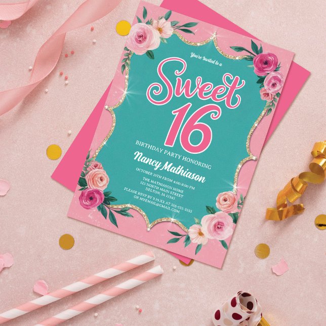 Elegant Watercolor Flowers Guld Sweet 16 Birthday Inbjudningar (Skapare uppladdad)