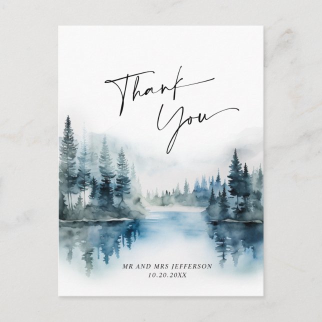 Elegant Watercolor Foggy Forest Bröllop Tack Vykort (Framsida)