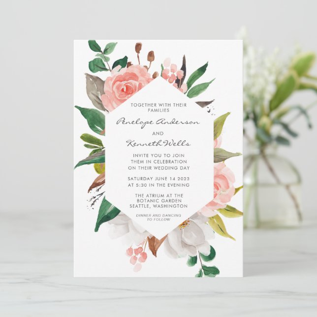 Elegant Watercolor Garden Blommigt Bröllop Inbjudningar (Stående Fram)