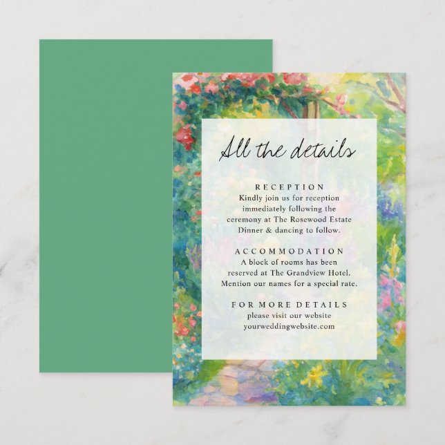 Elegant Watercolor Garden Themed Wedding Details Tilläggskort (Fram/baksida)