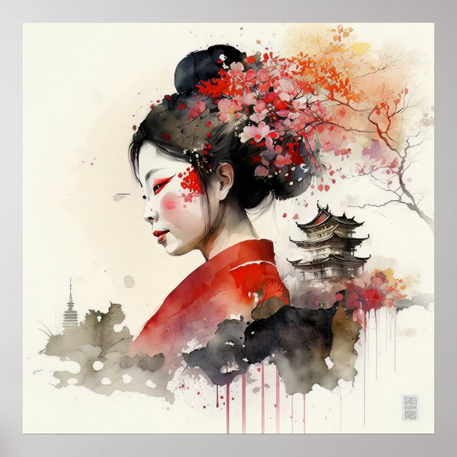 Elegant Watercolor Geisha Porträtt Poster (Framsidan)