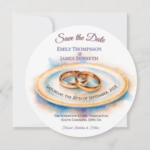 Elegant Watercolor Golden Ro Bröllop Ringar Spara Datumet