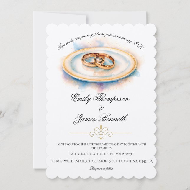 Elegant Watercolor Golden Rose Wedding Rings Inbjudningar (Framsida)