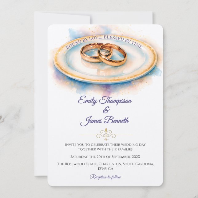 Elegant Watercolor Golden Rose Wedding Rings Inbjudningar (Framsida)