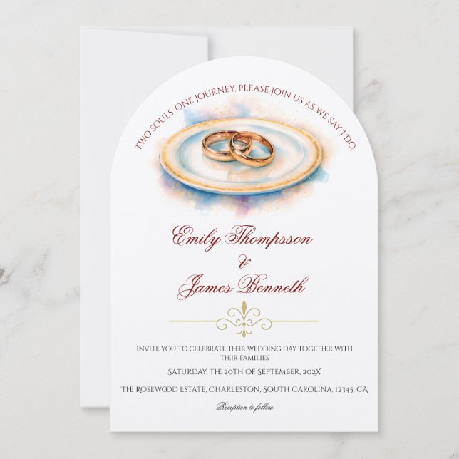 Elegant Watercolor Golden Rose Wedding Rings Inbjudningar (Framsida)