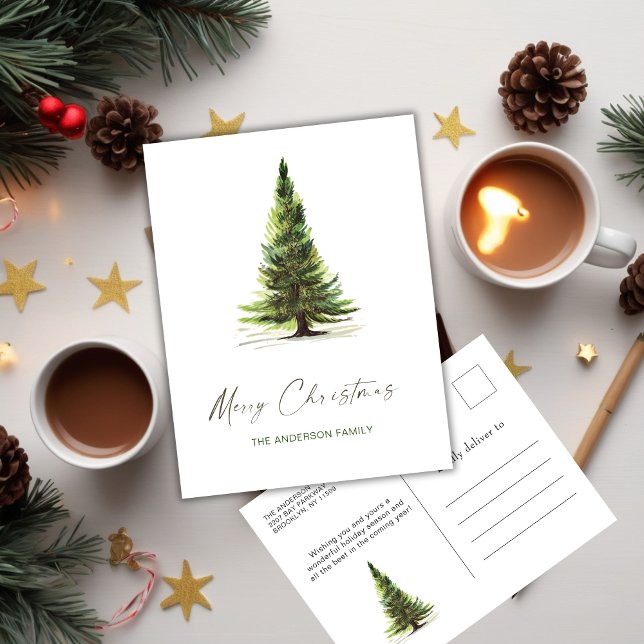 Elegant Watercolor Gräs Träd jul Hälsning Vykort (Elegant Watercolor Pine Tree Christmas Greeting Postcard)