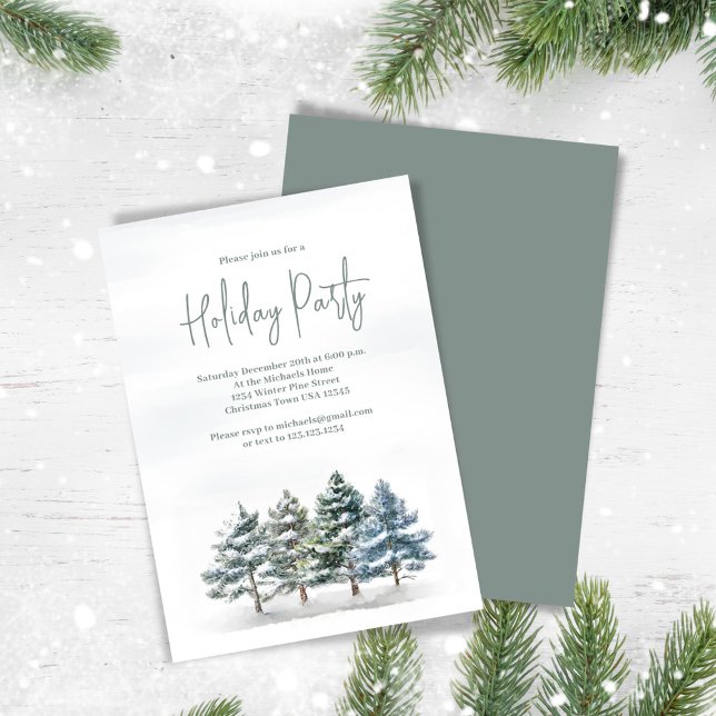 Elegant Watercolor Gräs Träd Julfest Inbjudningar (Holiday party invitation with watercolor winter pine trees)
