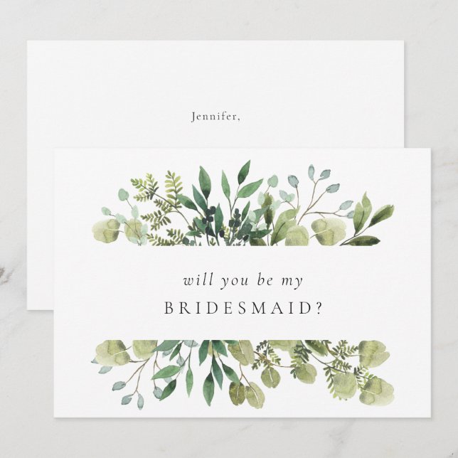 Elegant Watercolor Greenery Bridesmaid Inbjudningar (Fram/baksida)