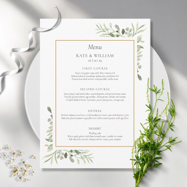 Elegant Watercolor Greenery Bröllop Dinner Menu Meny (Skapare uppladdad)