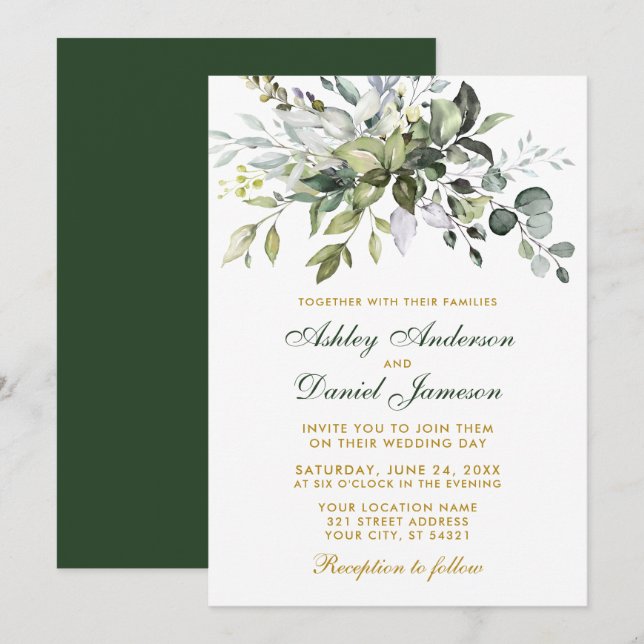 Elegant Watercolor Greenery Bröllop Grönt Guld Inbjudningar (Fram/baksida)