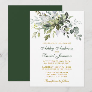 Elegant Watercolor Greenery Bröllop Grönt Guld Inbjudningar
