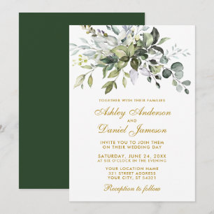 Elegant Watercolor Greenery Bröllop Guld Inbjudningar