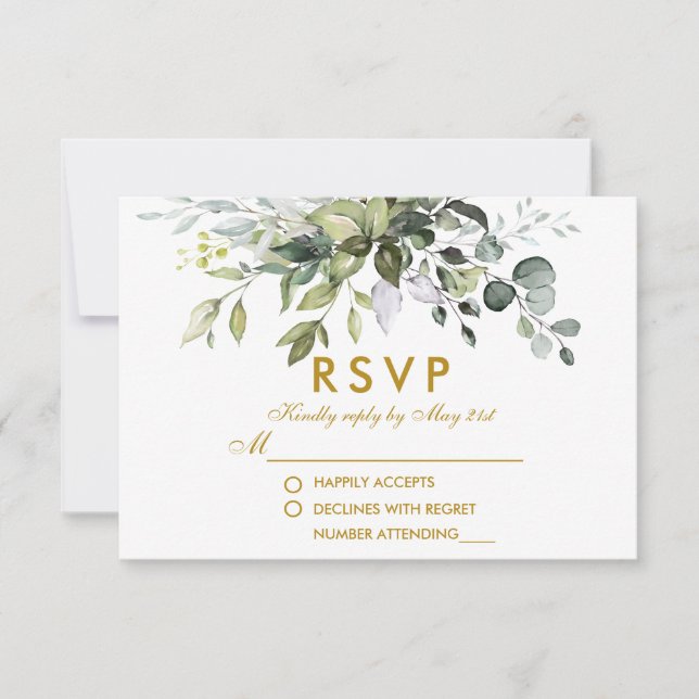 Elegant Watercolor Greenery Bröllop Guld OSA Kort (Framsida)