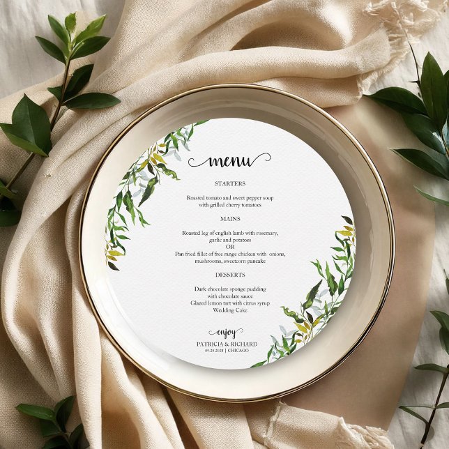 Elegant Watercolor Greenery Bröllop Round Menu Meny (Skapare uppladdad)