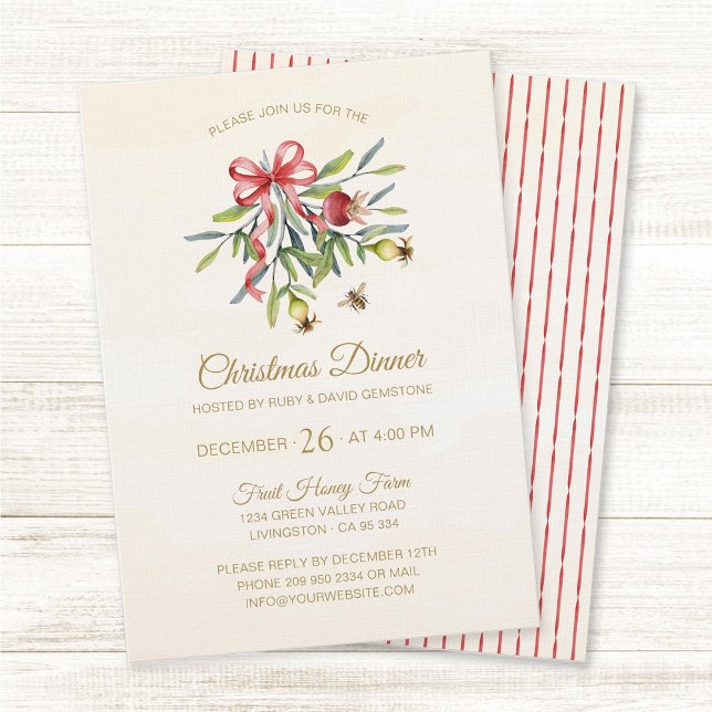 Elegant Watercolor Greenery Christmas Celebration Inbjudningar (Elegant, watercolor greenery red bow holiday Christmas dinner party invitation.)