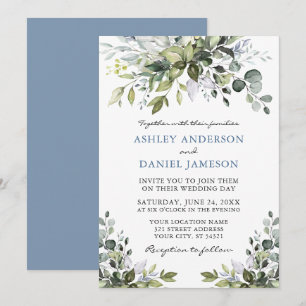 Elegant Watercolor Greenery Dusty Blue Bröllop Inbjudningar