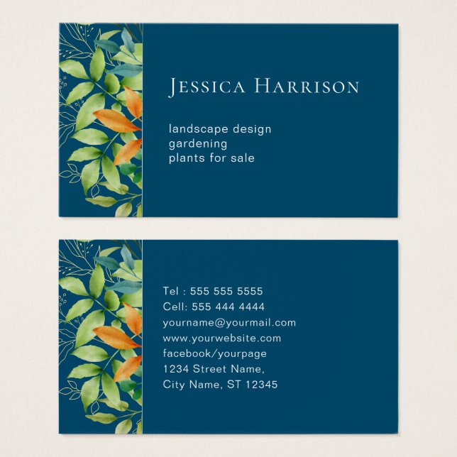 Elegant Watercolor Greenery Foliage Botanical Blue Visitkort (Framsida & baksida)