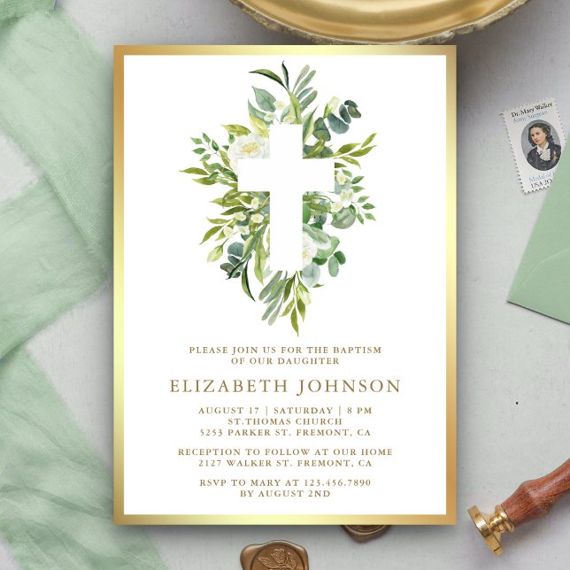 Elegant Watercolor Greenery Guld Baptism Inbjudningar (Skapare uppladdad)