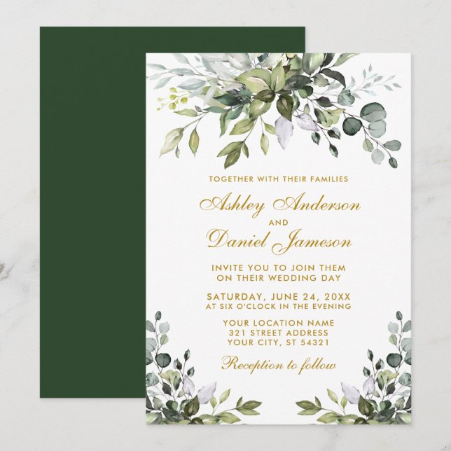 Elegant Watercolor Greenery Guld Bröllop Inbjudningar (Fram/baksida)
