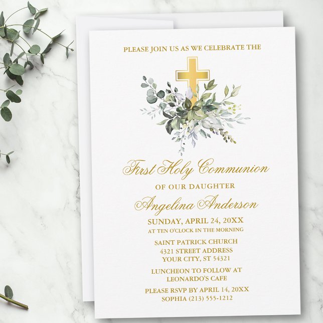 Elegant Watercolor Greenery Guld Communion Inbjudningar (Customize to change text color, size, style or to add photos or more text to back of card.)
